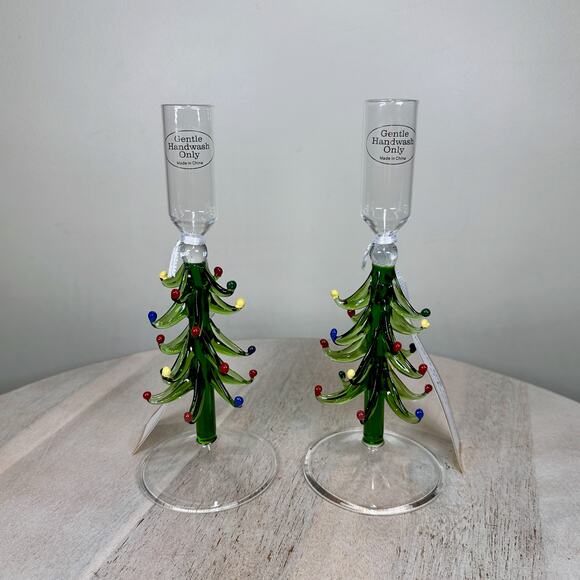 Cupcakes and Cashmere Set of 2 Christmas Tree Glass Candlestick Holders NEW - Picture 10 of 10